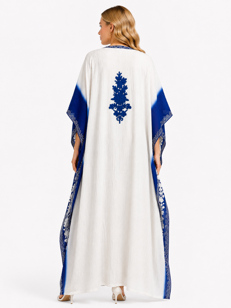 Kohsar White Cotton Kaftan with Indigo Valley Aari Embroidery